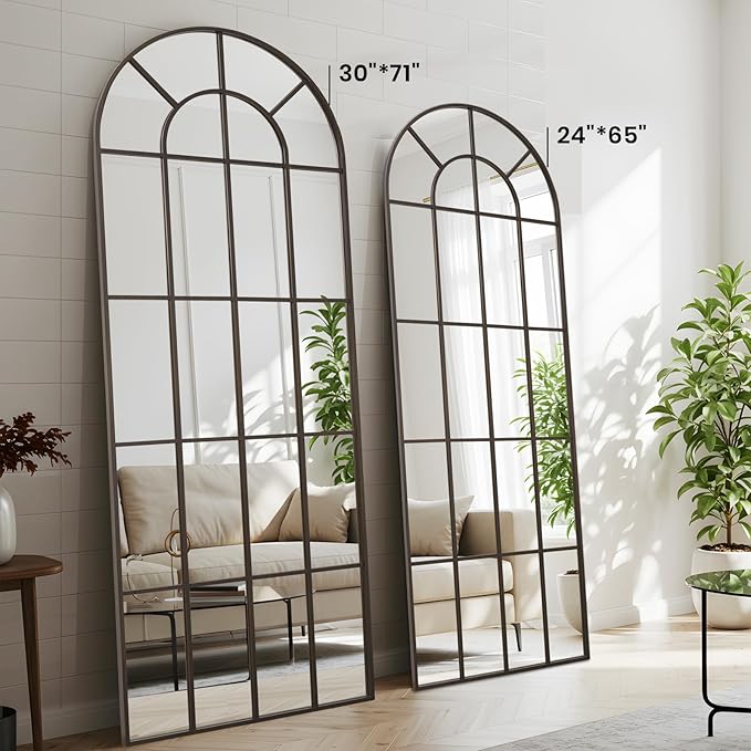 Arched Windowpane Mirror Full Length 71"x30" Wall Mounted Bronze Art Pane Farmhouse Decorative Floor Mirror Leaning Hanging Wall Mirror for Bedroom Living Room Entrance