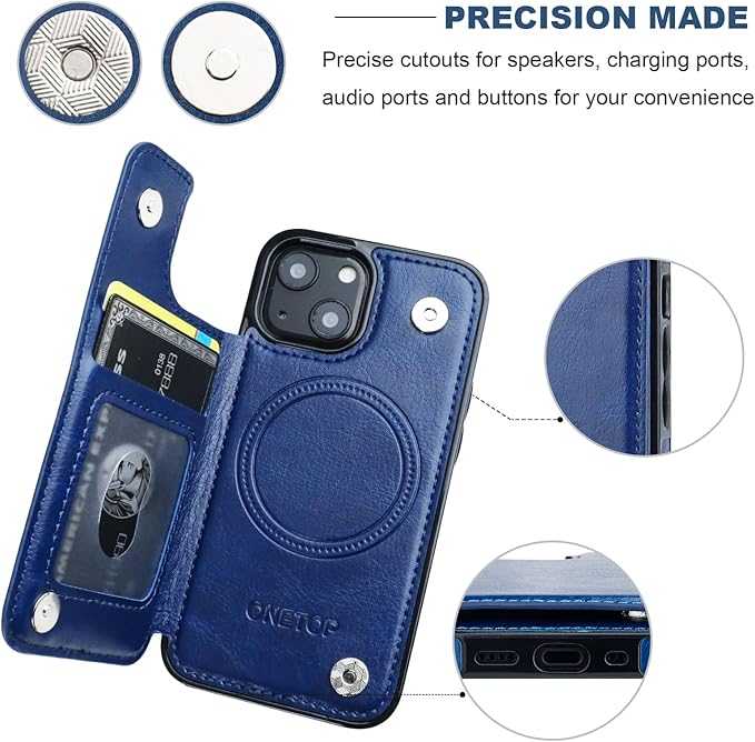 ONETOP Compatible with Magsafe for iPhone 13 Mini Wallet Case with Card Holder, PU Leather Kickstand RFID Blocking Case, Double Magnetic Clasp and Durable Shockproof Cover 5.4 Inch (Blue)