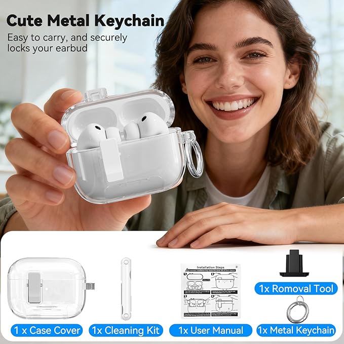 for AirPods Pro 3 Case, Anti-Yellowing Clear Case with Safety Lock, Phone Stand & Auto-Open Lid for AirPods Pro 3rd Gen 2025 Case Cover for Women Men Girly with Cleaning Kit & Keychain