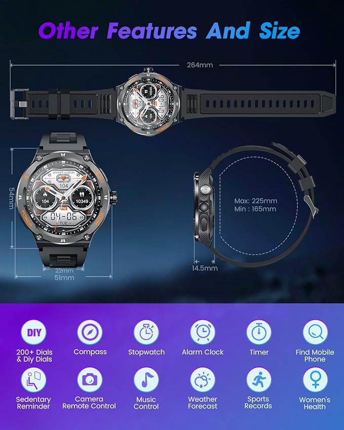 Smartwatch for Men Android Fitness Tracker: 1.53" Military Smart Watch with Flashlight Compass Make Answer Bluetooth Call Android iPhone Compatible 3ATM Waterproof Sport Watch Sleep Heart Rate Monitor