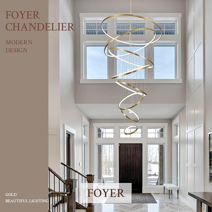 Modern LED Chandelier 8 Rings Dimmable Gold High Ceiling Chandelier Foyer, Large LED Contemporary Pendant Lighting for Staircase Entryway Living Room, D35’’ 3000K-6500K