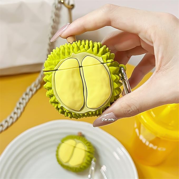 Case Compatible with 2024 Airpods 4, Cute Summer Fresh Durian Design Keychain Case Cover, Portable Earbuds Accessories Soft Silicone Shockproof Wireless Earphone Protector with Hook