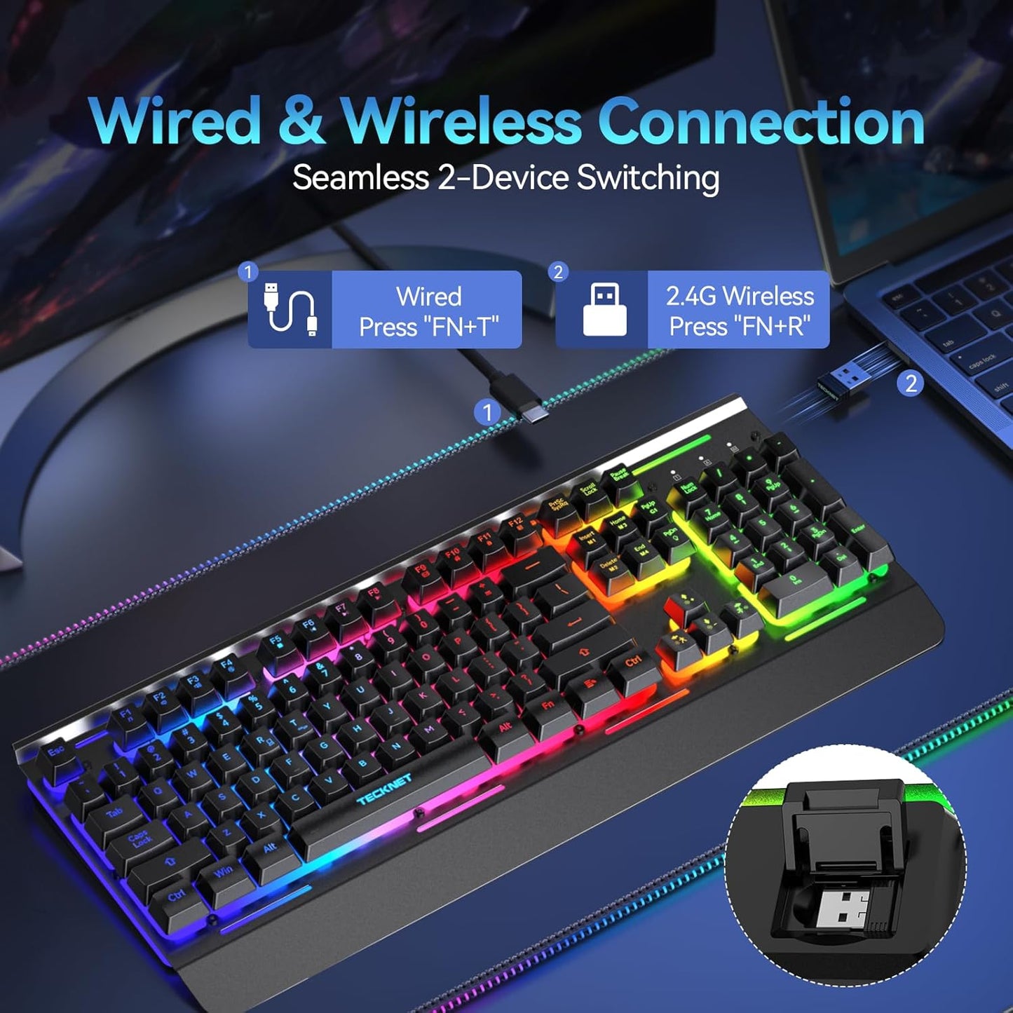 Wireless Keyboard – 2.4G & Wired, RGB Backlit, Quiet Keys, 4000mAh Battery, Metal Panel