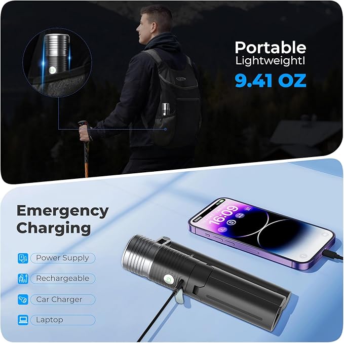 AsFrost Flashlight Camping Light 2in-1, 180ยฐFlip Double Lamp 8-Mode Rechargeable LED Bright Flash Light Camp Lantern Reading Light Waterproof 4500mAh for Outdoor Home Emergency, Gift for Men Women