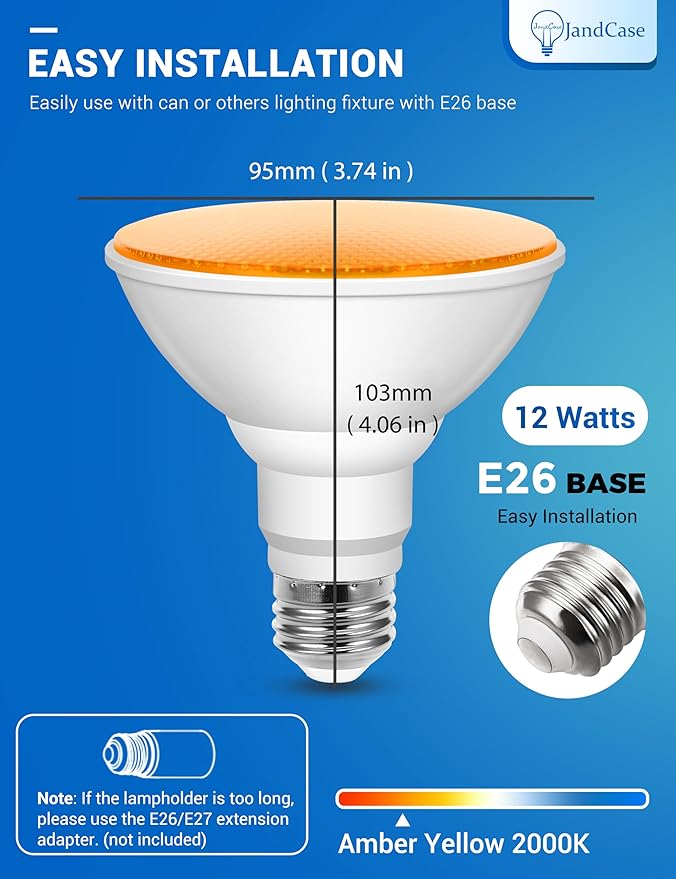 JandCase Bug Light Bulbs, Dusk to Dawn Bug Light Bulbs for Outside, 11W Yellow Bug Light Bulbs Outdoor, 100Watt Equivalent PAR30 Flood Light Bulbs for Porch Patio Courtyard, Non-Dimmable, 2 Pack