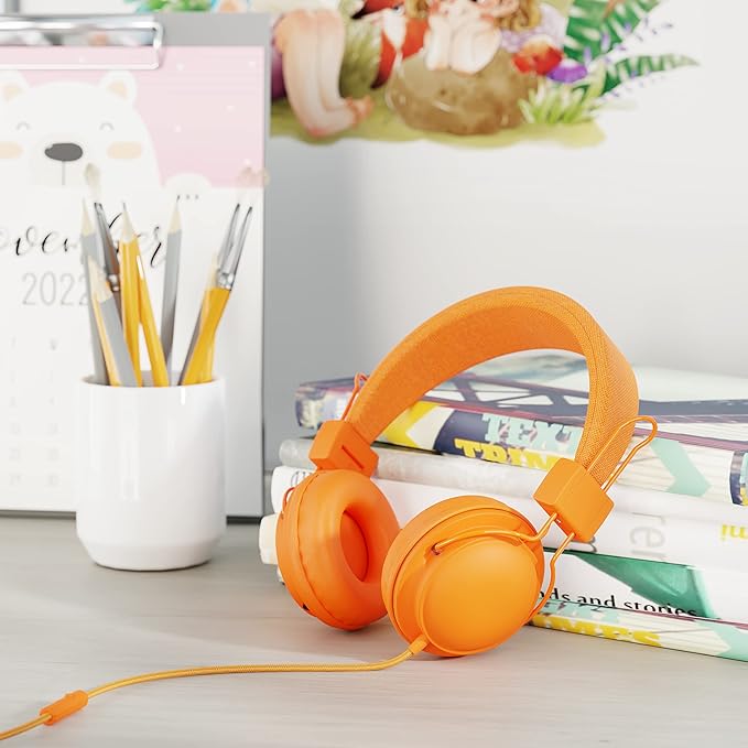 AILIHEN HD850 Classroom Headphones for Kids K-12 Students, School Wired Headphones with Microphone & 85dB Volume Limited & Sharing Function for Chromebook (Orange)