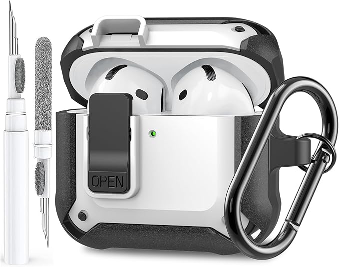 for Airpods 4 Case with Lock Clid, Rugged Apple Airpods 4th Generation Cover 2024 Men Women, Armor Shockproof iPod 4 Gen Protective Hard Shell with Carabiner&Cleaner kit,Black/White