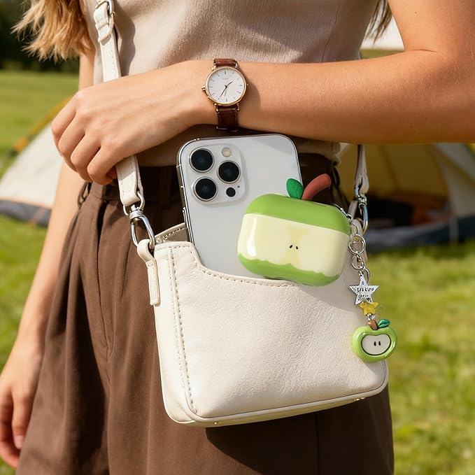 for AirPods Pro 3 Case 2025 - Cute 3D Green Apple Design with Apple Pendant Keychain,Soft Shockproof Silicone Cover, for Girls Women
