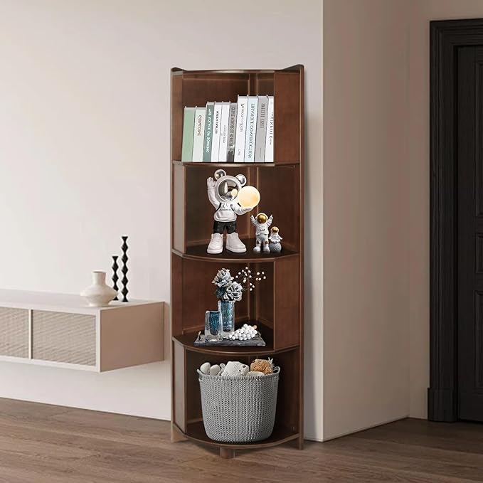 DOUSY-4 Tier Bamboo Corner Shelf, Modern Corner Bookshelf, 56.2" Tall Stylish Book Case Display Rack Plant Stand for Living Room, Bedroom, Home Office, Kitchen, Walnut