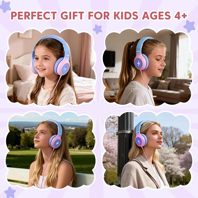 USB Type C Kids Headphones, Wired Headphones for Kids with Microphone/LED Lights, 85/94dB Volume Limit, Stereo Sound, Foldable Over-Ear USB-C Headphones for School/Travel/Tablet/iPad, Purple