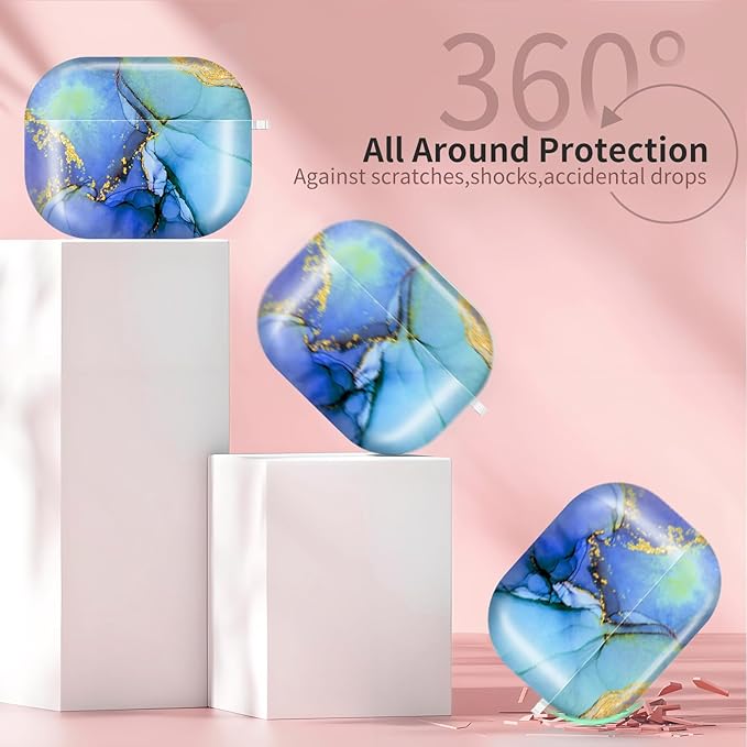 AirPod Pro 3 (2025) Case Cover for Women, Cute Shockproof TPU Protective Case with Gold Round Buckle, Anti-Drop Design Cute Blue Marble
