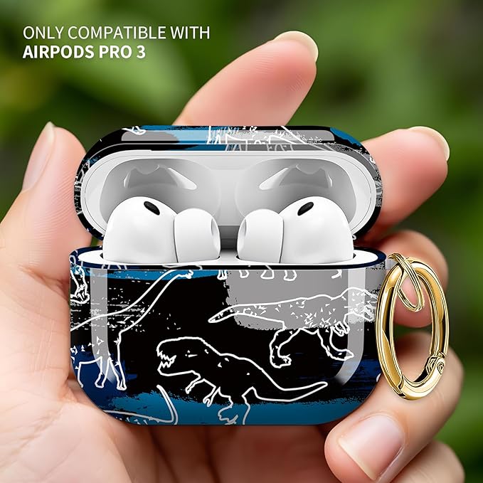 Cute Hard Case Compatible with AirPods Pro 3rd Generation Case (2025), Shockproof Protective Cover with Golden Keychain Ring Clip (Hand Drawn Dinosaur)