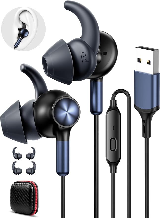 APETOO Wired Earbuds USB Computer Headphones with Anti-Fall/Hurt Wingtips for PC/Laptop/PS5 4 - Mute Mic, 7.1 Surround Sound, 7.5ft Noise Canceling in-Ear Type A Headset for Men/Women/Small Ear/Indoor