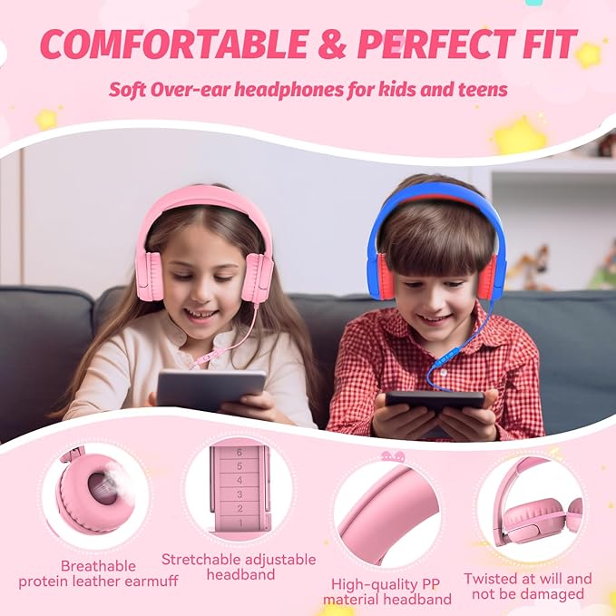 Kids Headphones with Cord for School, 85/94dB Volume Limit Headphones for Kids, Portable Wired Headphone with Shareport, Stereo Sound Foldable Headset for School/Tablet/iPad/Kindle (Pink)