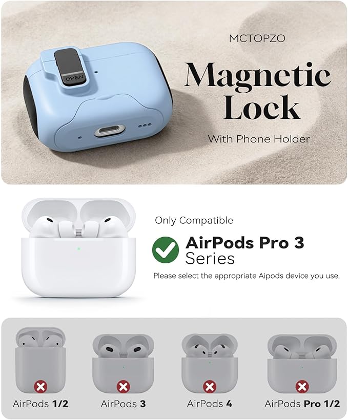 Compatible with AirPods Pro 3 2025 Case with Phone Stand & Cleaning Kit,Magnetic Automatic Lock Design Cover for Air pods Pro 3rd-(Light Blue)