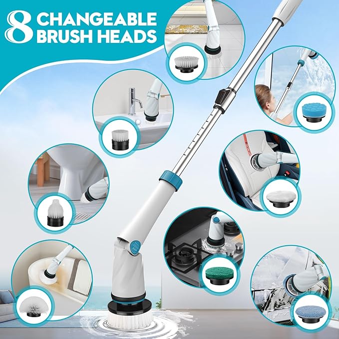 Battery Electric Scrubber for Cleaning Bathroom,1200RPM 21V Spin Scrubber Electric Spin Brush for Cleaning, 50'' Cordless Power Shower Scrubber W/ 8 Brushes for Grout Tile Tub Floor