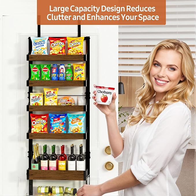 Over the Door Pantry Organizer: Storage and Pantry Organization with Hanging Basket - 6-Tier Metal Spice Rack Adjustable Shelves for Kitchen Laundry Room Bedroom & Bathroom Black