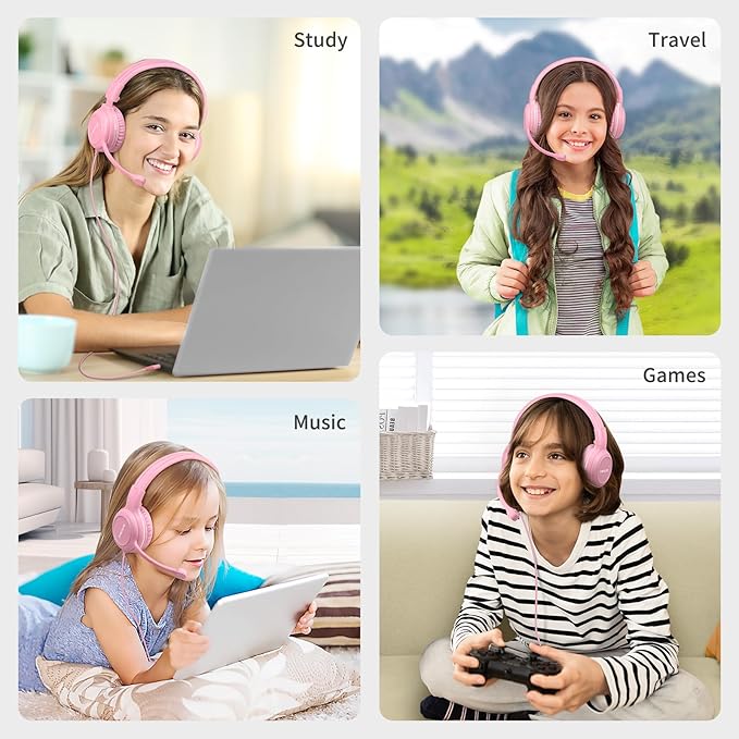 SIMOLIO Kids-Headphones with Microphone for School, 75/85/94 dB Wired Headphones with Boom Mic for iPad, PC, Laptop, Gaming, On Ear Pink Stereo Corded Headsets for Girls, Children, Teens, Students
