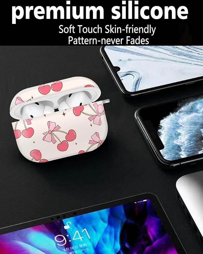 Cute Hard Case Compatible with AirPods Pro 2nd/1st Generation, Protective Cover with Golden Keychain, Fits 2023/2022/2019 Models, for Women, Girls, and Men(Pink Bow Cherry)