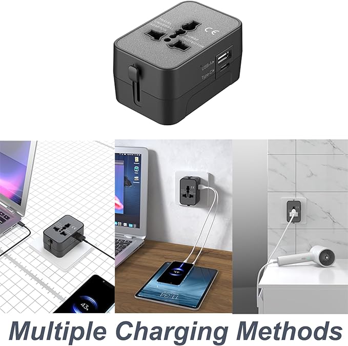 2025 Upgraded Universal Travel Adapter, Portable All in One International Power Adapter, European Travel Plug Adapter, for AC Power Plug USB-A Type-C Charging Ports with Double Fuse