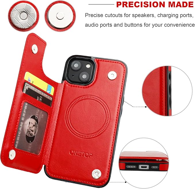 ONETOP Compatible with Magsafe for iPhone 13 Wallet Case with Card Holder, PU Leather Kickstand RFID Blocking Case, Double Magnetic Clasp and Durable Shockproof Cover 6.1 Inch (Red)