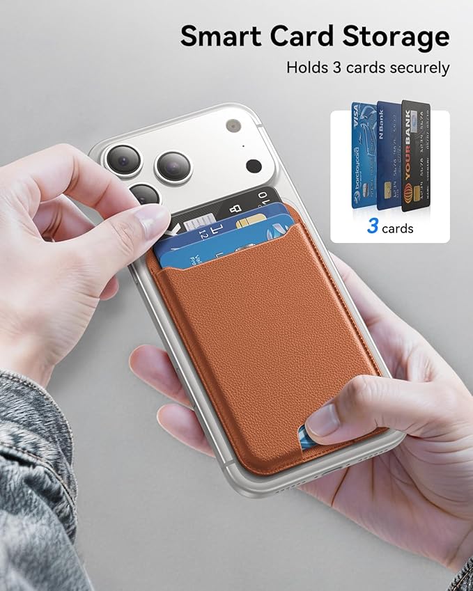 for MagSafe Wallet, 3 Cards Holder, Slim Magnetic Phone Wallet for iPhone 17/16/15/14/13/12 Pro Max Plus Air Series,RFID Blocking Vegan Leather,Brown