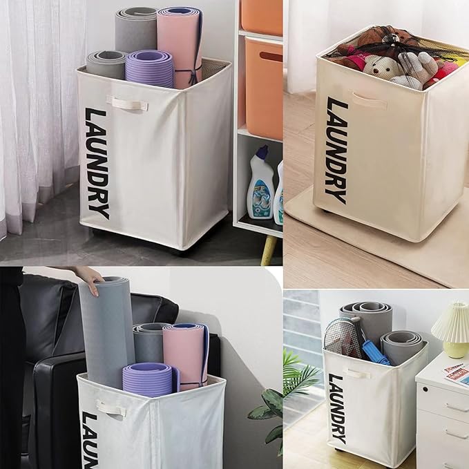 Large Laundry Baskets with Wheels, Collapsible Rolling Double Laundry Hamper, Slim Clothes Hampers for Laundry with Handles for Bedroom, Laundry Room, Closet, Bathroom, College, 85L Beige