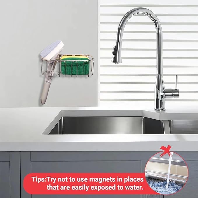 Sink Sponge Holder, Magnetic Kitchen Sink Caddy Holder, 304 Stainless Steel Sink Brush Holder+Sponge Holder, Two Suspension Modes, Sink Drain Frame- Silver (Magnet + traceless suction cup)