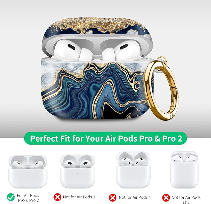 Compatible with Airpod pro 2nd/1st Generation Case Cover with Gold Round Keychain Cute Pattern Hard & Anti Slip Cover for Men Women & Girls(Blue and Gold)