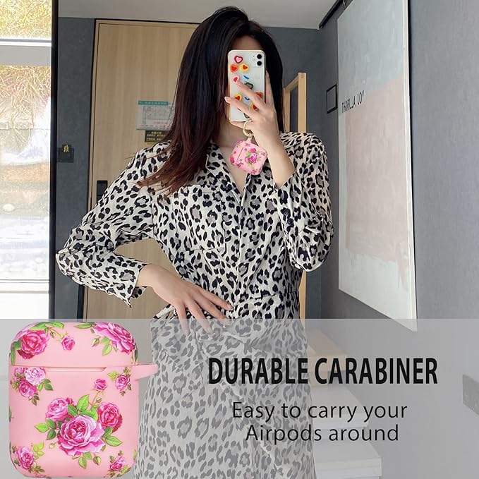 Flower Silicone Compatible with Airpods Case, Gawnock Soft Case Cover Flexible for Compatible with Airpods 2nd/1st Generation Floral Print Cover for Women Girls with Keychain - Pink Flower