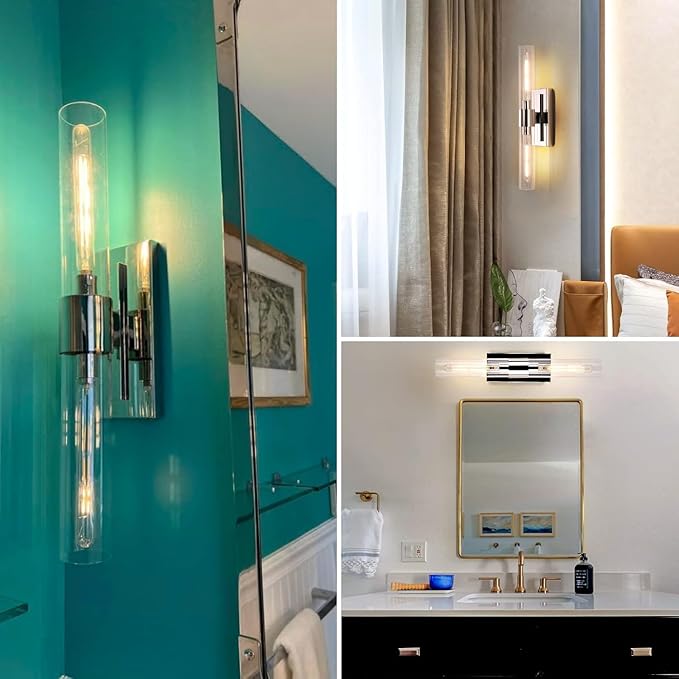 Nickel Bathroom Vanity Light, 2-Light Bathroom Wall Sconce Over Mirror, Chrome Vanity Lights for Bathroom, Dimmable Vanity Sconce with Glass Tube, Indoor Linear Wall Sconce for vertical and horizontal