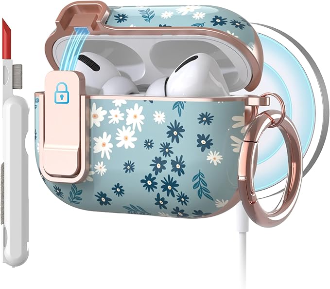 TATOFY for AirPods Pro 2nd Generation Case with Lock Carabiner Cleaner, Slim AirPod Pro 1st & 2nd Hard Case Cover, Compatible with MagSafe (Cyan)