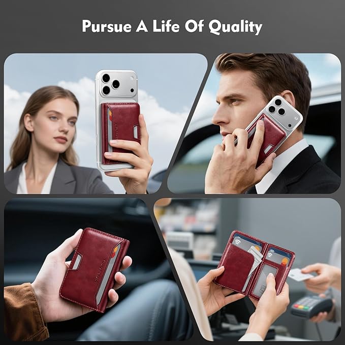 Antsturdy for Magsafe Wallet Stand with Holder,PU Leather RFID Blocking Card Holder,5 Card Slots,Strong Magnet Minimalist Flip Folio Kickstand for iPhone 17/16/15/14/13/12/Pro/Max/Plus/Air,Wine Red