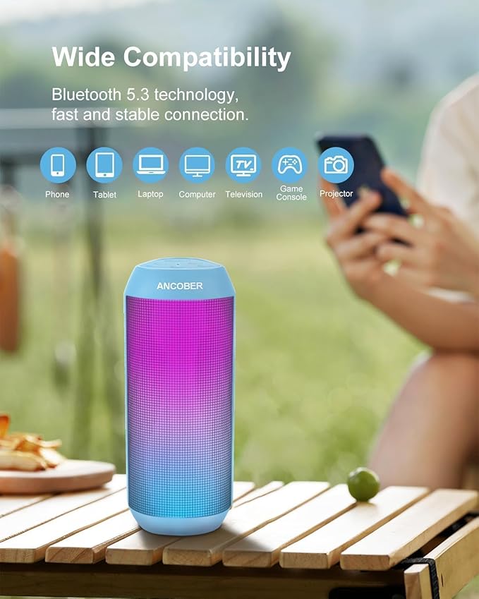 Bluetooth Speaker, Portable Wireless Speaker with HD Stereo Loud Sound, LED Lights, IPX4 Wateproof, 24H Playtime, TWS Pairing, BT5.3 with AUX, Built-in Mic, for Home, Outdoor, Party, Camping, Gifts