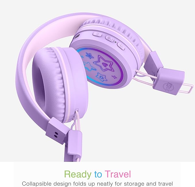 MEE Audio KidJamz KJ55BT Bluetooth Wireless Safe Listening Headphones for Children w/LED Lights, 85dB Volume Limiter, Microphone, & 40h Battery; Kids Headset for School/iPhone/iPad/Tablet (Lavender)