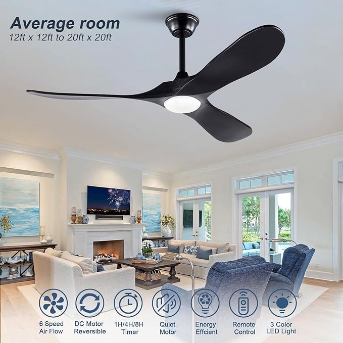 Black 52 Inch Wood Large Ceiling Fans with Lights and Remote Control, 3 Color Temperatures and 6 Speeds Timing, 52 Inch Indoor Outdoor Ceiling Fan for Patios Living Room Bedroom Study Office