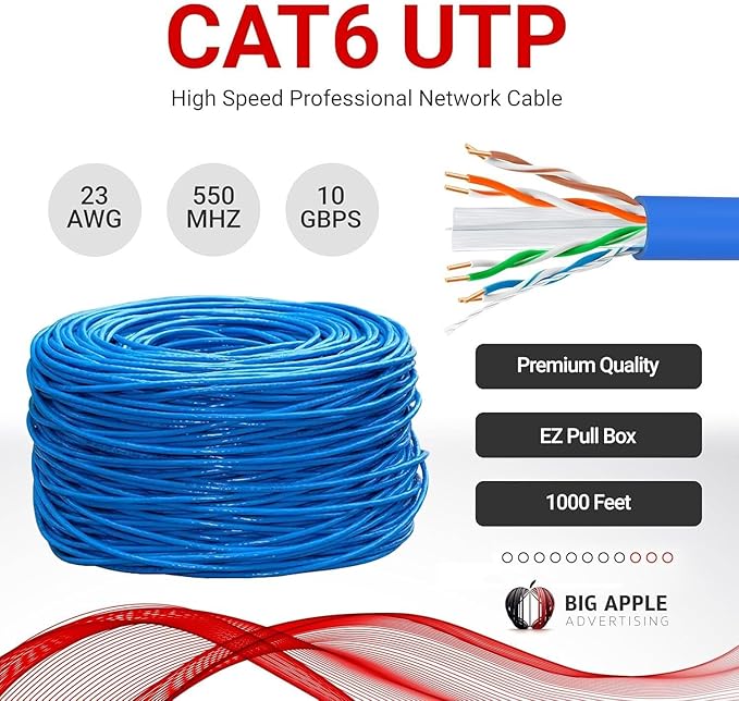 Big-A - Bulk Cat6 Cable 1000ft 23AWG Solid 4 Pair, Cat 6 Ethernet Cable Unshielded Twisted Pair (UTP), (CMR) 550MHz Internet Cable, Pull Box - White