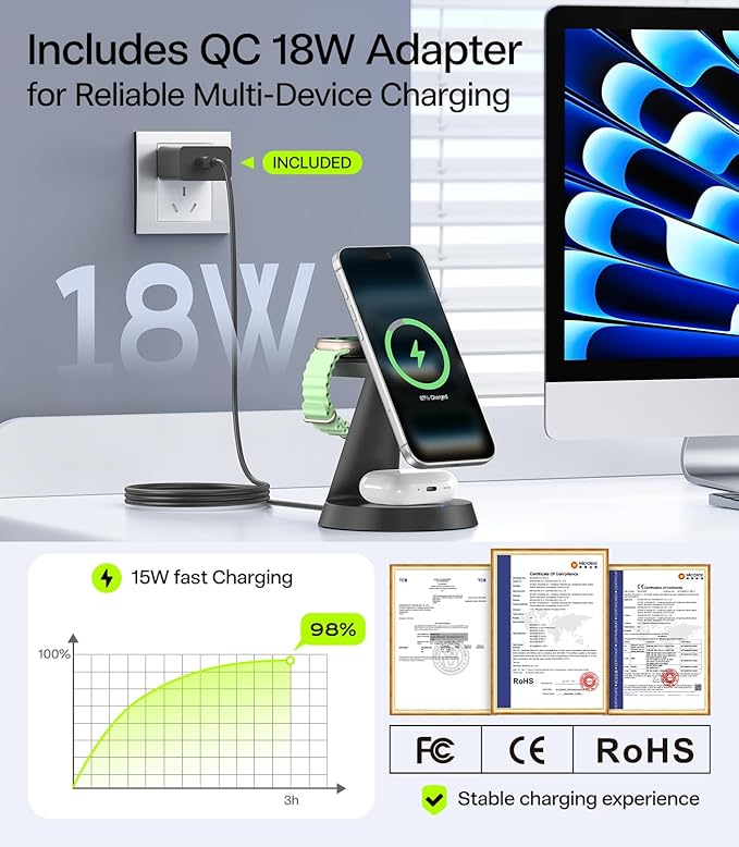 3 in 1 Charging Station for Apple Devices, 15W Fast Qi2 Wireless Charger Stand for iPhone 17 16 15 14 13 12, Watch Charger Stand for Apple Watches & Airpods, Carbon Black
