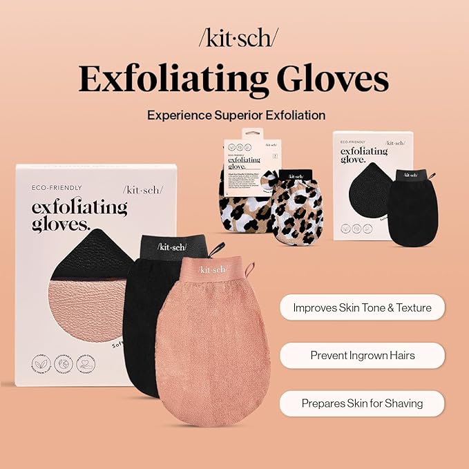 Kitsch Shower & Body Care Bundle – Luxury Reusable Waterproof Shower Cap for Women & Men, Flexi Satin Lined, Adjustable – 2pc Exfoliating Gloves, Deep Skin Scrubber for Smooth, Renewed Skin