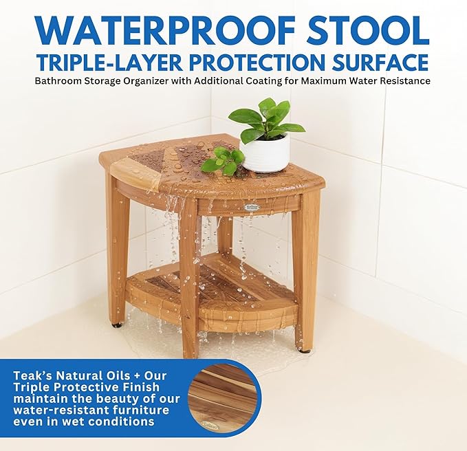 EcoDecors Fully Assembled SnazzyCorner® 18" Teak Shower Bench, Corner Shower Stool, w Shelf in Earthy Teak Finish, Compact Fit for Small Bathrooms & Walk-in Showers – Slip-Resistant Feet