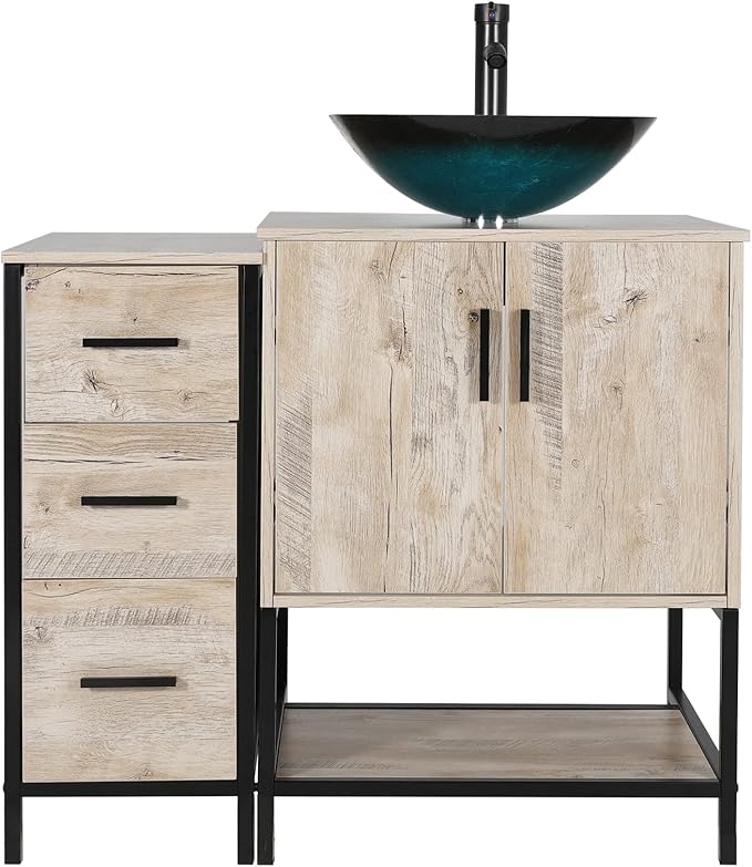 eclife 36" Bathroom Vanity Sink Combo Modern Metal Stand Cabinet W/Bottom Shelf & Storage Side Cabinet Turquoise Square Vessel Sink & Water Save Faucet & Pop Up Drain, Oak (A10)