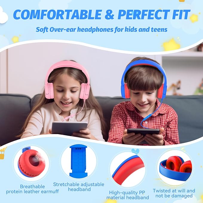 Kids Headphones with Cord for School, 85/94dB Volume Limit Headphones for Kids, Portable Wired Headphone with Shareport, Stereo Sound Foldable Headset for School/Tablet/iPad/Kindle (Blue)