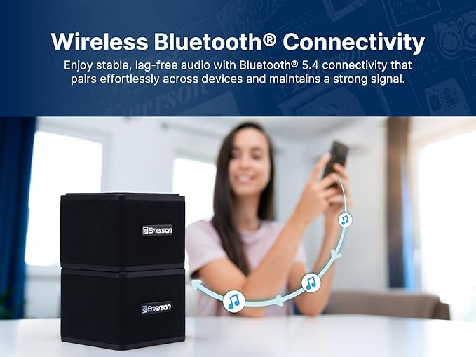 Emerson EAS-3006-BK Sound Blox ā Wireless Magnetic Stackable Bluetooth Speakers, Instant Connect, Multi-Room Audio, USB-C Charging, Built-in Subwoofer
