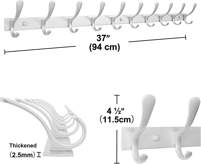 SKOLOO Coat Rack Wall Mounted - 10 Hooks, Pack of 2, Heavy Duty, Stainless Steel, Metal Wall Hangers, Sturdy Coat Hooks for Hanging Coats, Jacket, Clothes, Hat, Cold Light Silver