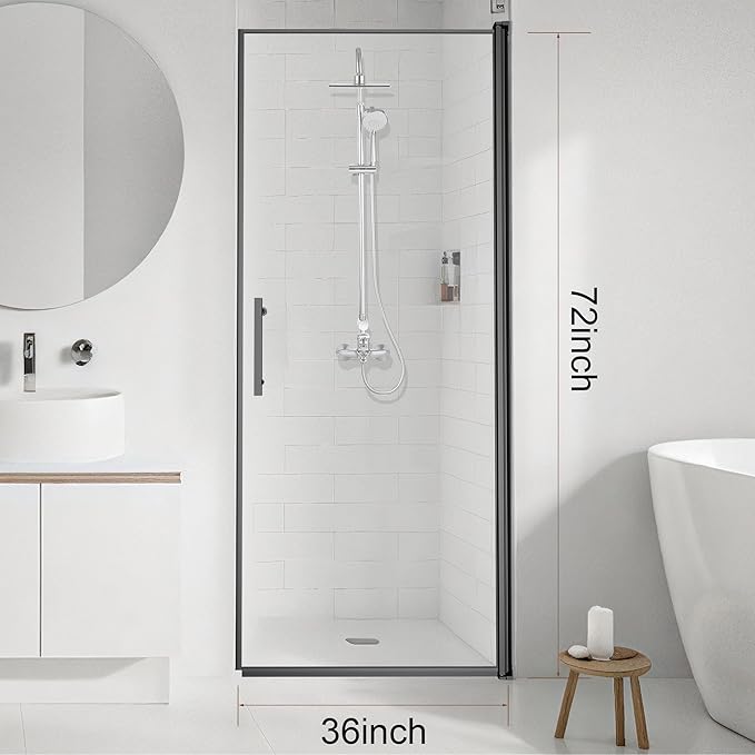 36-Inch Black Shower Door – 72" Height – 115° Opening (Left/Right) – Aluminum Frame – Sliding/Walk-in Glass Enclosure – Tempered Glass