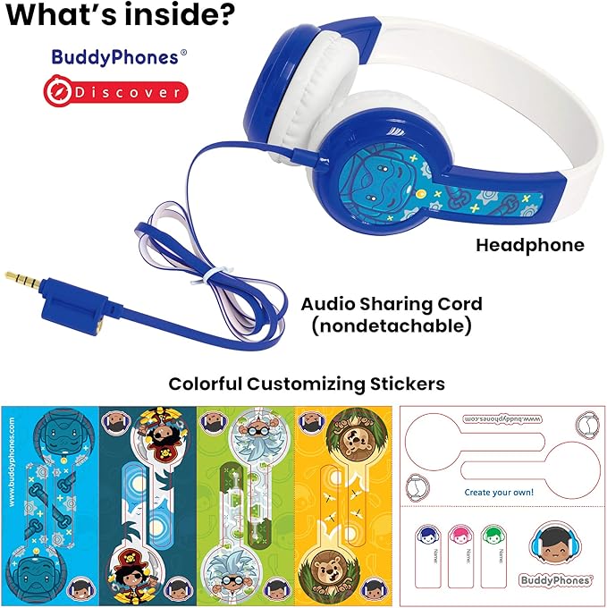 BuddyPhones Discover, Volume-Limiting Kids Headphones, Comfortable and Durable, Built-in Audio Sharing Cable, Compatible with Fire, iPad, iPhone, and Android Devices, Blue