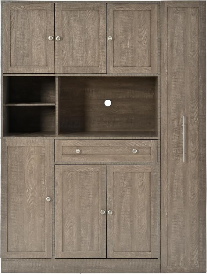 Large Kitchen Pantry Cabinet 52.8Wx17.7Dx70H inch, Freestanding Buffet with Hutch,Storage Cabinets Cupboard w/Pull-Out Side-Cabinet+ Door Shelves and Drawer, Brown