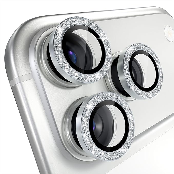 Misea Compatible for iPhone 17 Pro/iPhone 17 Pro Max Camera Lens Protector Bling, 9H Tempered Glass Camera Cover Screen Protector Metal Individual Ring Decoration Accessories, Silver Glitter