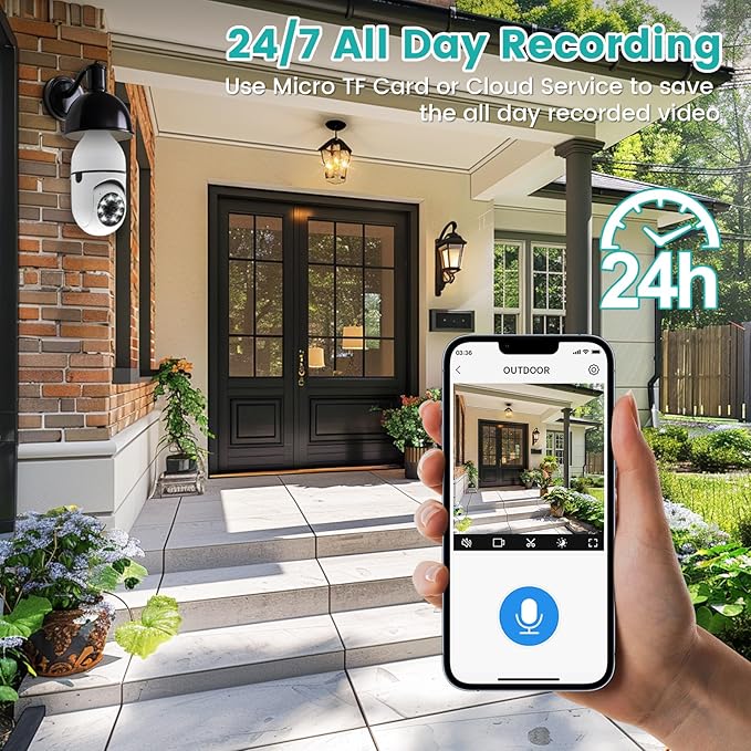 E26 Socket Security Camera - 2K HD WiFi Camera with Night Vision, Motion Detection, Two-Way Audio, Indoor/Outdoor Cameras for Home Security,Support WiFi & 2.4GHz (1PCS)