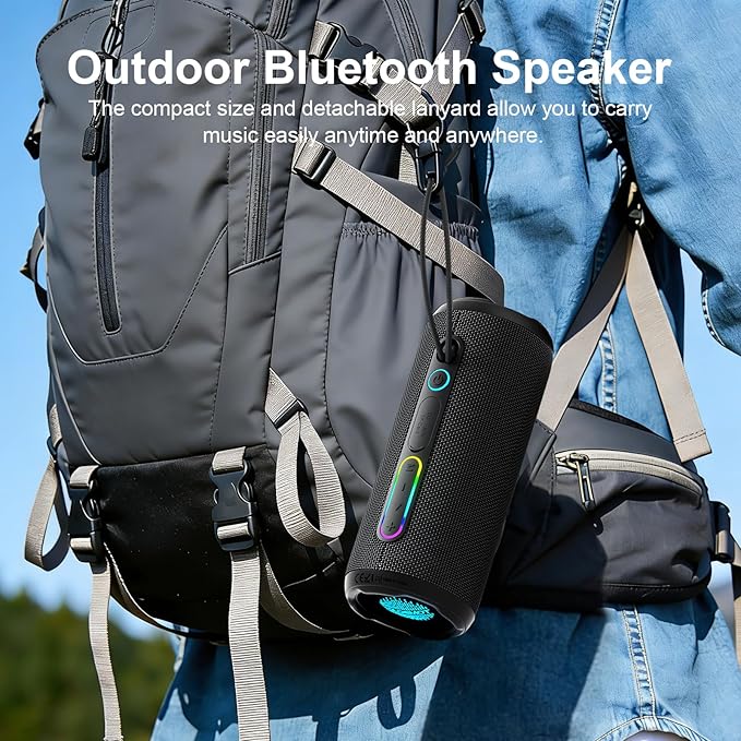 Small Portable Bluetooth Speaker, 24W Deep Bass, RGB Lights, IPX7 Waterproof, TWS Pairing, 12H Playtime, Outdoor Speaker for Travel, Party, Biking (Black)